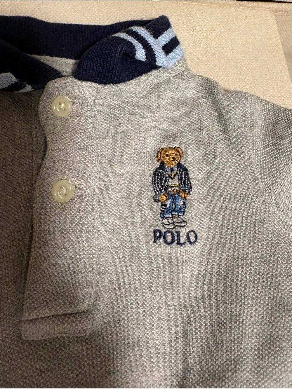 Polo by Ralph Lauren Gray Baby Polo Romper with Bear Embroidery 6M